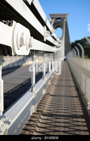 A fine sunny morning on Bristol`s famous Clifton suspension bridge walkway with most of the structure de-focused for effect. Stock Photo